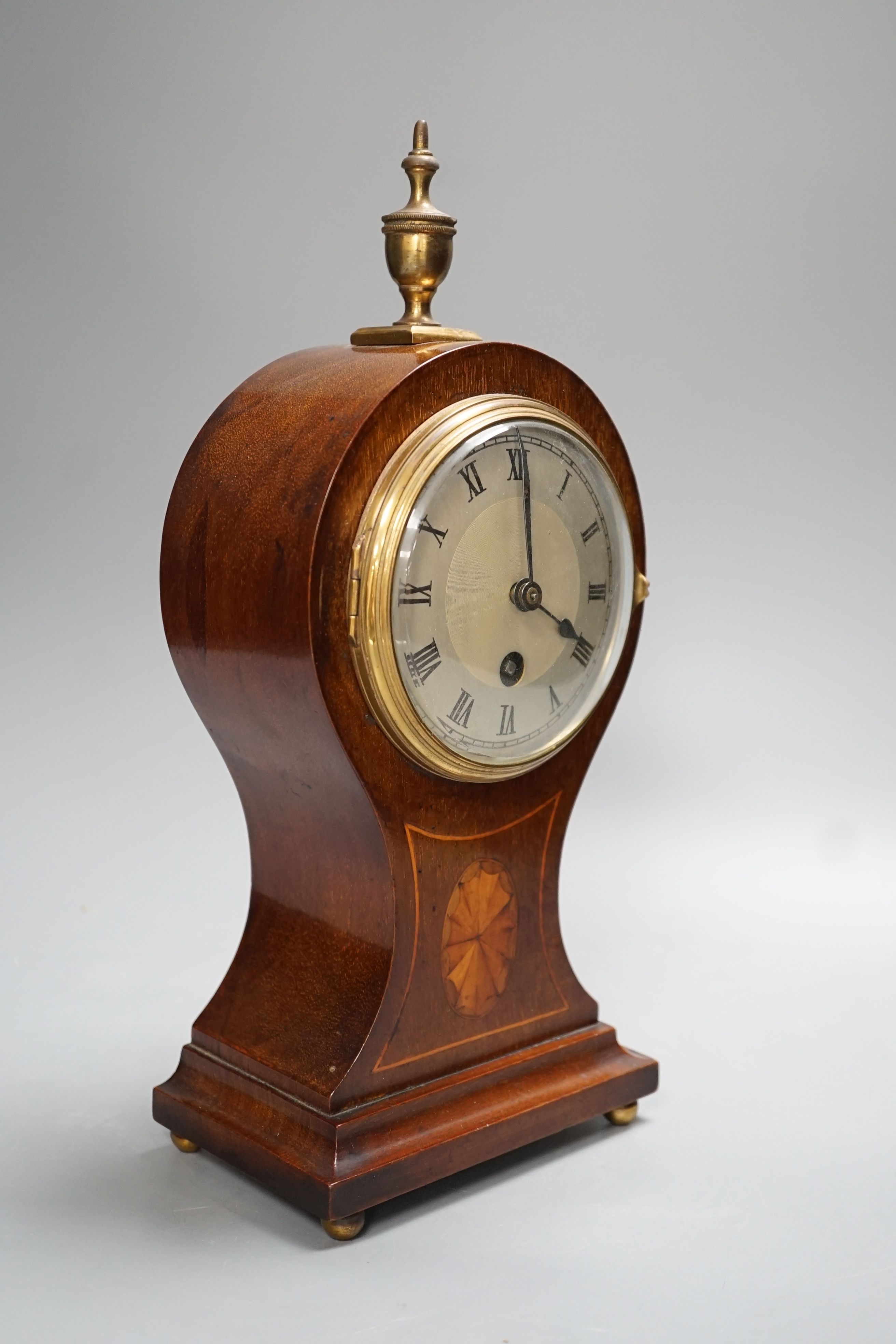 An Edwardian mahogany inlaid satinwood balloon timepiece - 32cm high